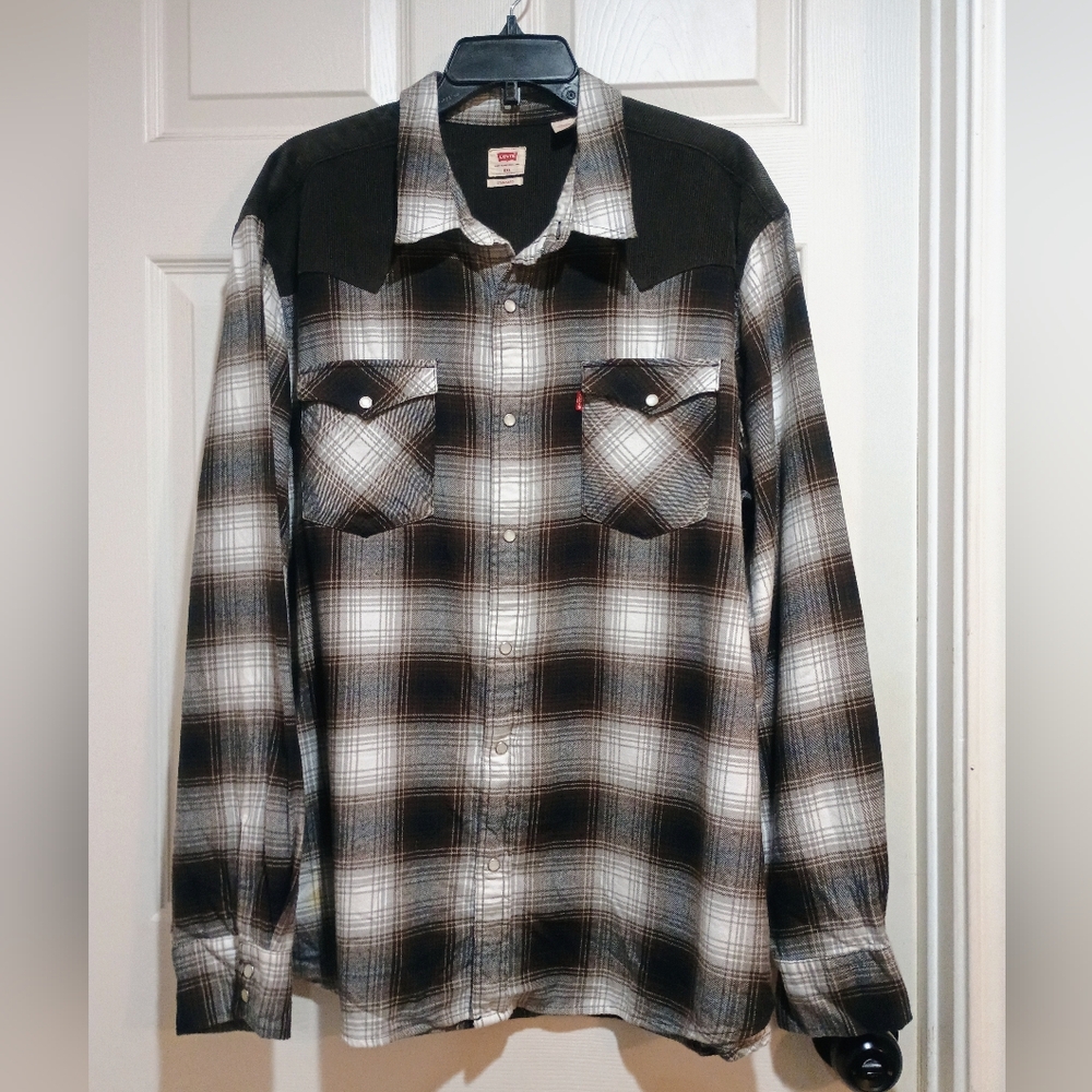 Mens Levi's Plaid Western Pearl Snap Long Sleeve Shirt Corduroy Shoulders XXL